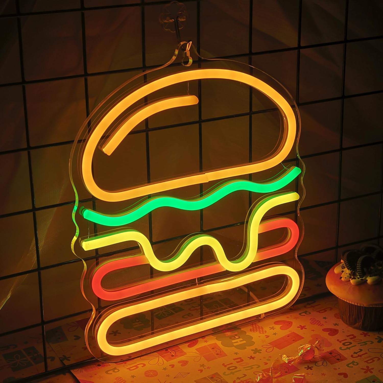 층층이 쌓인 치즈 LED 조명이 있는 버거 네온사인,  - Commercial Kitchen Walls 리뷰 및 가격